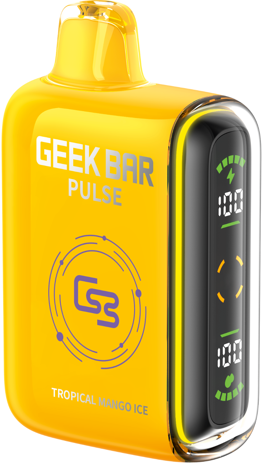 Yellow vape device with digital display and 'Geek Bar' branding on a white background