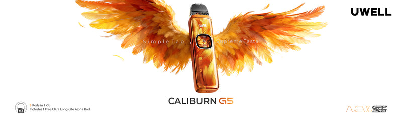 UWELL Caliburn GS vaping device with orange and yellow wings on a white background - Futuristic Vapes