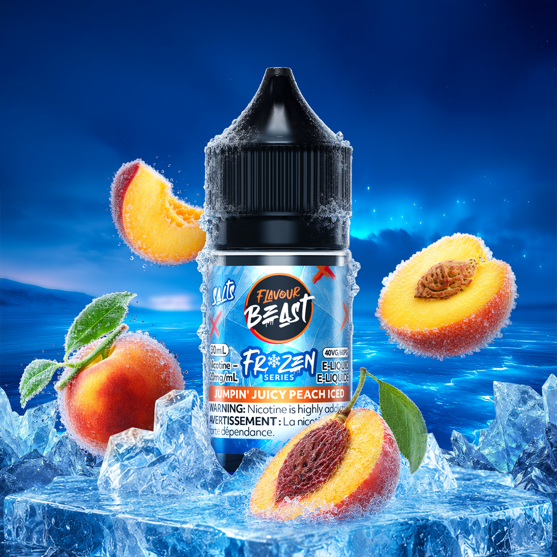 Flavour Beast Frozen Jumpin' Juicy Peach Iced 30mL salt nic e-juice bottle