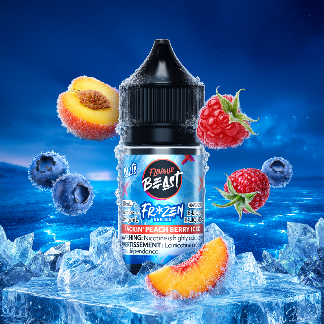 Flavour Beast Frozen Packin' Peach Berry Iced 30mL salt nic e-juice bottle