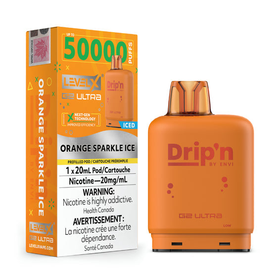 Level X Drip'n G2 Ultra Orange Sparkle Ice 20mL prefilled pod and box
